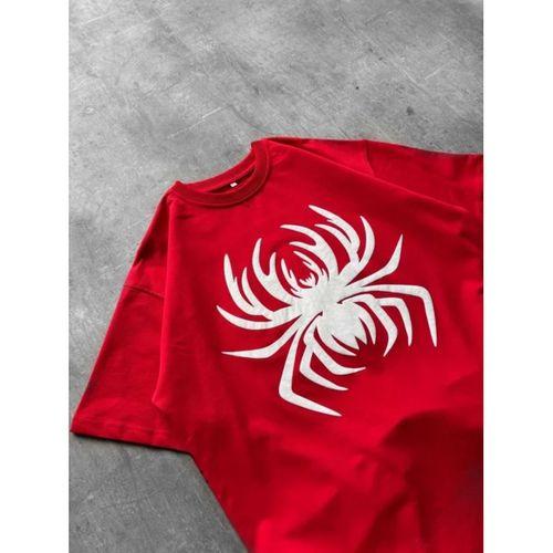 Erkek Örümcek Baskılı Tişört Kısa Kollu Bisiklet Yaka T-Shirt - Kırmızı