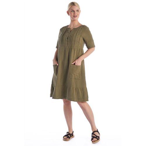 Kısa Kol Haki Kare Yaka Cep Detaylı Midi Boy Müslin Yazlık Elbise