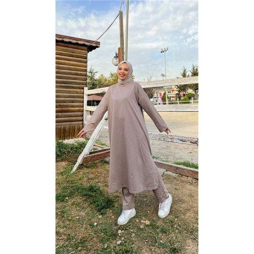 O Yaka Yırtmançlı Uzun Geniş Rahat Tunik Pantolon Sade Basic Spor Takımı - 03040.016 - Vizon