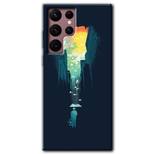 MRCİLETİSİM Samsung Galaxy S22 Ultra Kılıf HD Desen Baskılı Arka Kapak + Temperli Cam - City Bird Sky