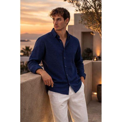 Pera Kumaş Keten Görünümlü Yarım Oversize Uzun kollu Erkek Gömlek - Lacivert