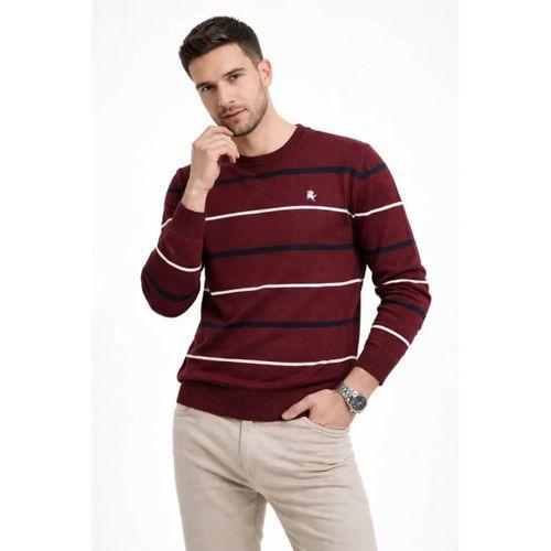 Erkek Bisiklet Yaka Cizgili Triko Kazak Yumuşak Dokulu Pamuklu Ince Dokuma, Uzun Kollu Rahat Regular Kalıp - Bordo