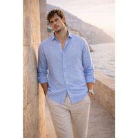 Nefes Alabilir Yarım Oversize Müslin Kumaş Uzun Kol Yakalı Erkek Gömlek - Buz Mavi