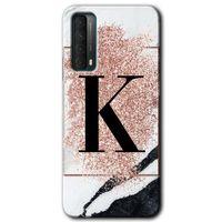 Huawei P Smart 2021 Kılıf Baskılı Kapak - Pembe Mermer Desenli K Harfi + 5D Tam Kaplayan Cam