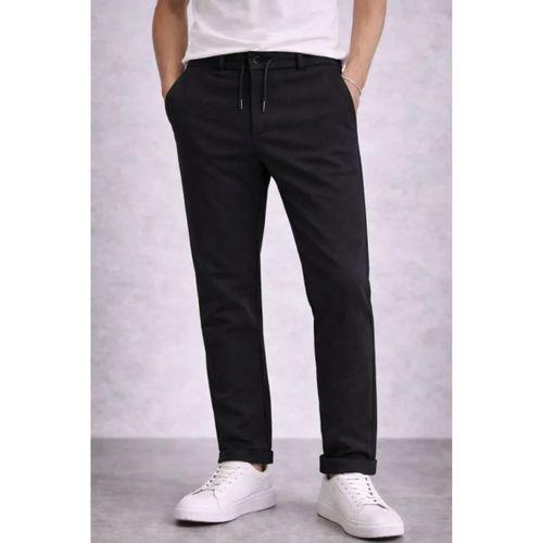 Erkek Diagonel Mikro Dokulu Duble Paça Cepli Pantolon Bağcıklı Bel, Modern Kesim - Siyah