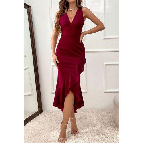 Kadın Derin V Yaka Etek Ucu önden Arkaya Volan Detay Ithal Krep Elbise