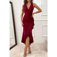 Kadın Derin V Yaka Etek Ucu önden Arkaya Volan Detay Ithal Krep Elbise