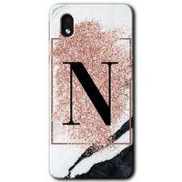 Galaxy A01 Core Kılıf HD Desen Baskılı Arka Kapak - Pembe Mermer Desenli N Harfi + Kırılmaz Cam