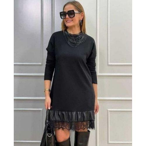 Kadın Uzun Kollu Bisiklet Yaka Etek Ucu Deri Dantelli Viskon Iki Iplik Midi Elbise