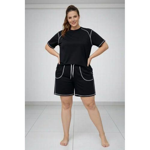 Battal Beden Kısa Kollu Tişört Şort Takım Kontrast Dikiş Detaylı Günlük Ev Giyimi - Siyah