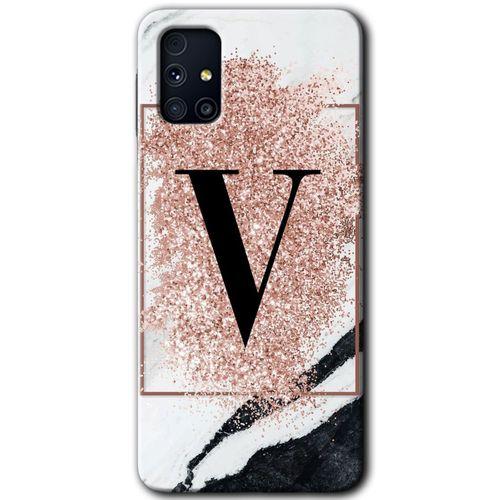 Samsung Galaxy M31s HD Baskılı Kılıf + 9D Tam Ekran Koruyucu - Pembe Mermer Desenli V Harfi
