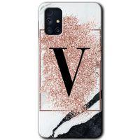 Samsung Galaxy M31s HD Baskılı Kılıf + 9D Tam Ekran Koruyucu - Pembe Mermer Desenli V Harfi