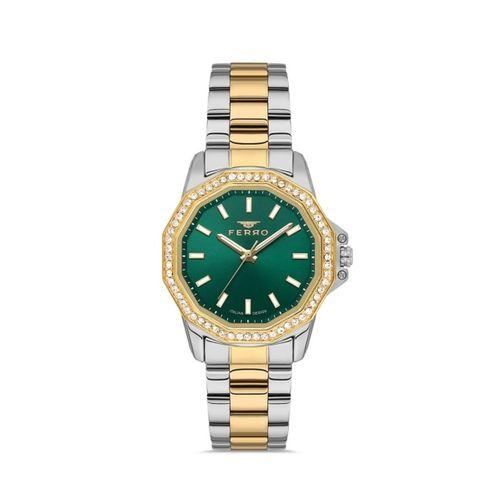 Ferro FL21540AWT-D6 Quartz Çelik Altın/Gri Yeşil Kadran 32 mm Kadın Kol Saati