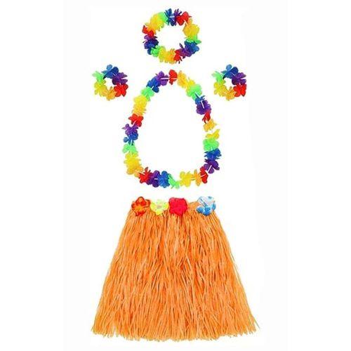 Yetişkin ve Çocuk Uyumlu Luau Aloha Hawaii Turuncu Etek ve Renkli Kolye Taç 2 Adet Bileklik Seti