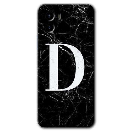Vivo Y15s Kılıf HD Desen Baskılı Arka Kapak + Temperli Cam - Siyah Mermer Desenli D Harfi