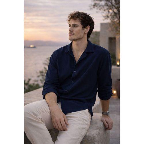 Apaş Yaka Oversize Müslin Kumaş Gömlek - Lacivert