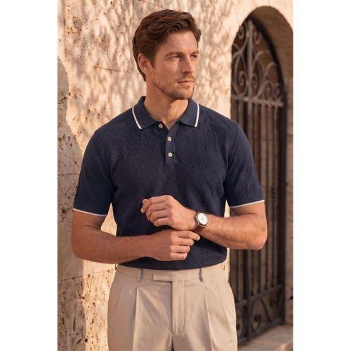 Balzac Yakası Şeritli Düğmeli Polo Yaka Basic Günlük Petek Örgü Triko Erkek T-Shirt - Lacivert