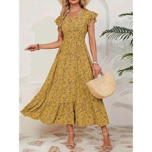 Kadın Kısa Kollu Kruvaze Yaka Beli Lastikli çiçek Desenli Elbise