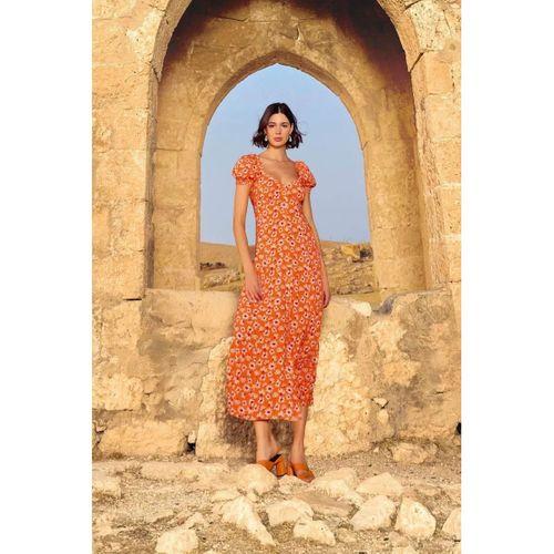 Viskon Çiçek Desenli Kısa Kollu Elbise