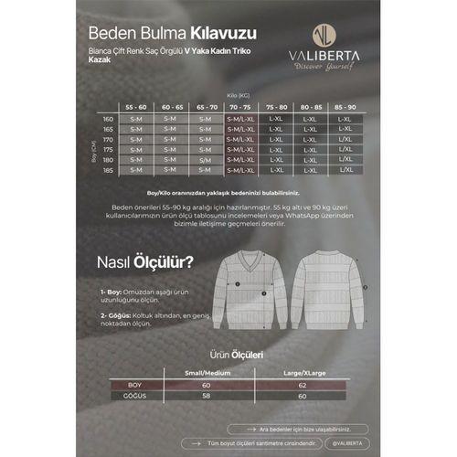 Bianca Çift Renk Saç Örgülü V Yaka Kadın Triko Kazak - Siyah