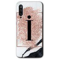 Xiaomi Mi 9 SE Kılıf HD Desen Baskılı Arka Kapak+Temperli Cam - Pembe Mermer Desenli İ Harfi