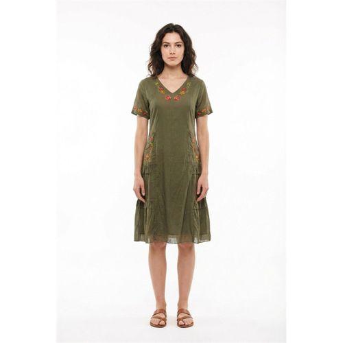 Kısa Kol Belgin V Yaka Yazlık Vual Elbise Haki Hk