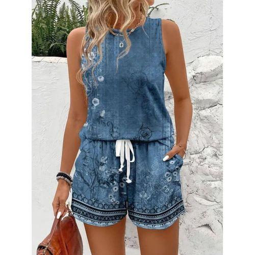 Kadın Askılı Yuvarlak Yaka çiçek Baskılı Süprme Bluz Ve Short Ikili Takım