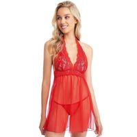 Kırmızı Boyundan Bağlamalı Dantel İşlemeli Fantezi Tül Gecelik