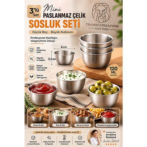 3'lü Çelik Mini Sosluk Seti 6x3.5 cm Reçellik Kahvaltılık Patates Sos Kabı Joker Çerezlik Mezelik Paslanmaz 723451