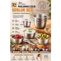3'lü Çelik Mini Sosluk Seti 6x3.5 cm Reçellik Kahvaltılık Patates Sos Kabı Joker Çerezlik Mezelik Paslanmaz 723451