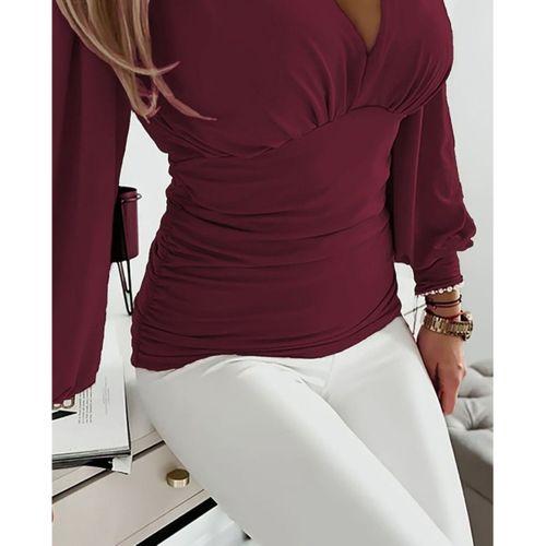 Kadın Uzun Kollu Derin V Yakalı önden Büzgülü Sandy Bluz