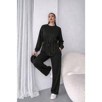 Kadın Uzun Kollu Bisiklet Yaka Belden Büzgülü Bağcıklı Viskon Iki Iplik Bluz Ve Pantolon Ikili Takım