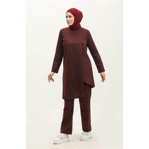 Kruvaze Bisiklet Yaka Sade Basic Tunik Panolon İkili Takım - 03076.020 - Mürdüm