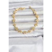 Pirinç Gold Renk Zirkon Taşlı Sıralı Yıldız Model Kadın Bileklik