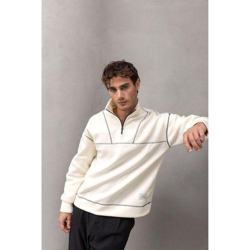 Crowe Çizgi Şeritli Oversize Yarım Fermuar Polar Erkek Sweatshirt - Ekru