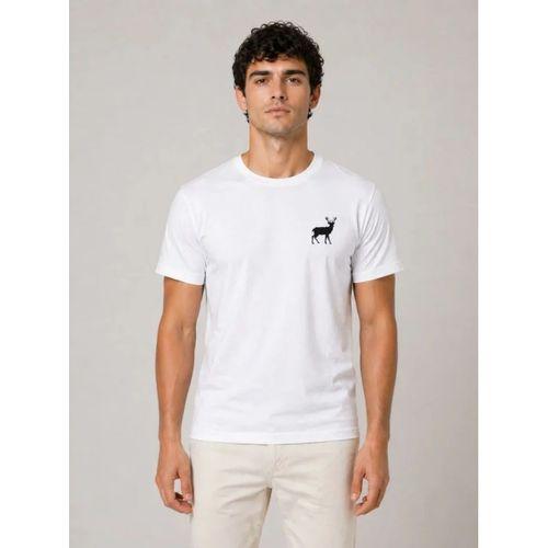 Erkek Minimal Geyik Logolu Tişört Bisiklet Yaka Kısa Kol Yazlık T-Shirt - Beyaz