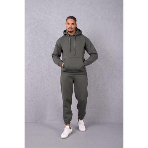 Şardonlu Kanguru Cepli Sweatshirt - 3 İplik Şardonlu Lastik Paça Erkek Eşofman Altı- Eşofman Takımı - Çam Yeşili