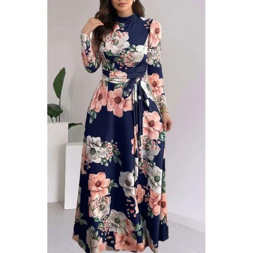 Kadın Uzun Kollu Yuvarlak Yakalı Beli Kuşaklı Desenli Süprem Uzun Elbise