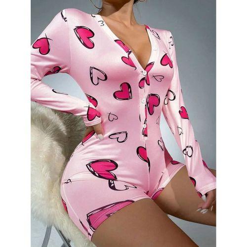 Pamuklu Pembe Kalp Desenli Düğmeli Uzun Kol Tulum Pijama