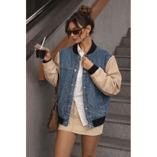 Kadın Kolları Deri Detay Bomber Kot Ceket