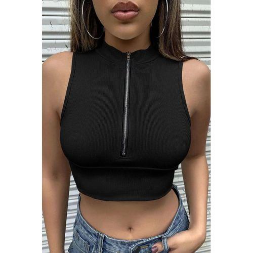 Kadın Siyah Modern Kesim Yarım Fermuarlı Crop Top