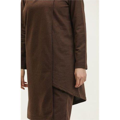 Kruvaze Bisiklet Yaka Sade Basic Tunik Panolon İkili Takım - 03076.028 - Kahverengi