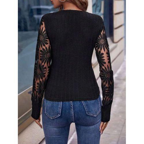 Kadın Uzun Kollu Kruvaze Yaka Kolları çiçek Tül Desenli şardonlu Kaşkorse Bluz