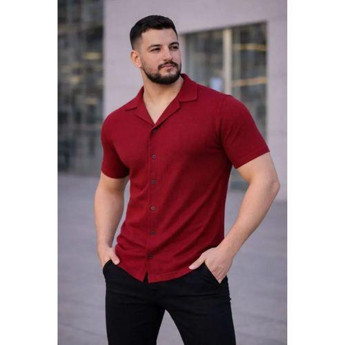 Erkek Waffle Kumaş Kısa Kollu Düğmeli Açık Yaka Regular Fit Gömlek - Kırmızı