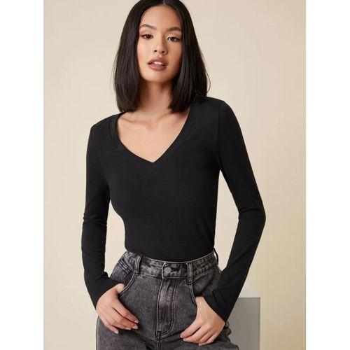 Pilelistore Kadın Siyah V Yaka Uzun Kollu Bluz