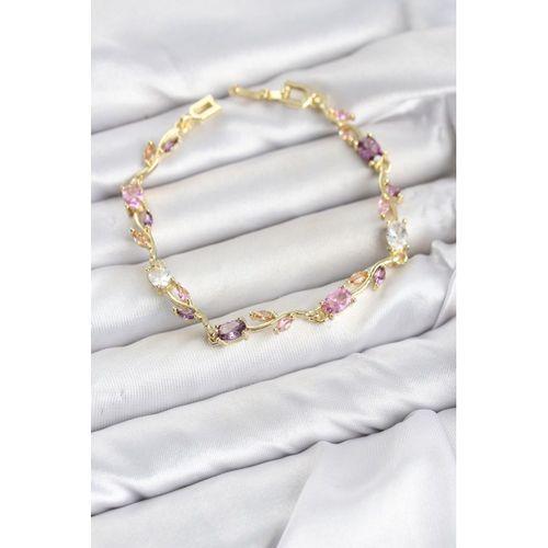 Pirinç Gold Renk Pembe ve Mor Zirkon Taşlı Çiçek Model Kadın Bileklik