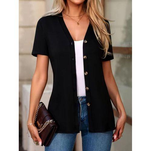 Kadın Kısa Kollu V Yakalı önü Düğmeli Viskon Bluz
