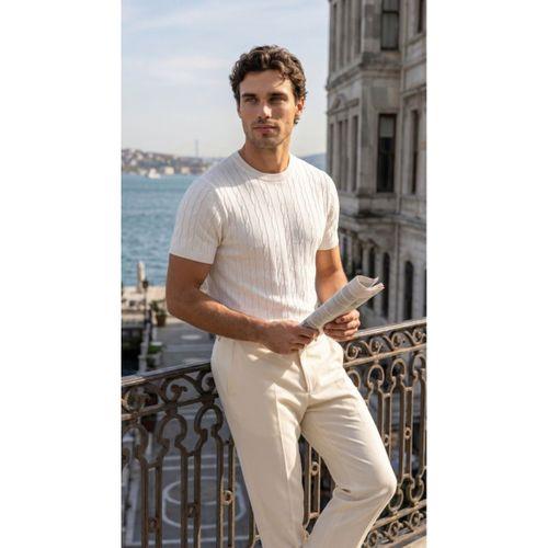 Erkek Örgü Desen Bisiklet Yaka Triko Tişört - %100 Pamuk Akrilik