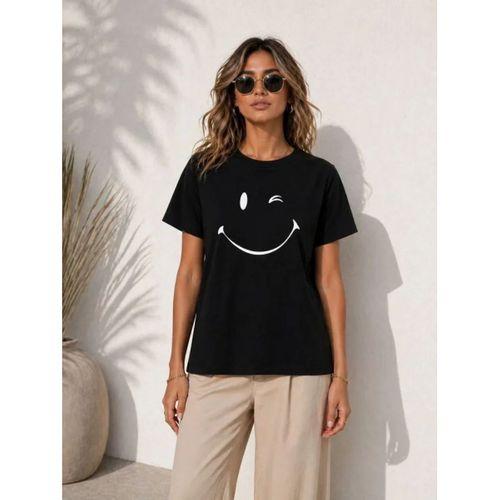 Minimal Gülümseyen Yüz Baskılı Tişört Kısa Kol Yazlık T-Shirt - Siyah