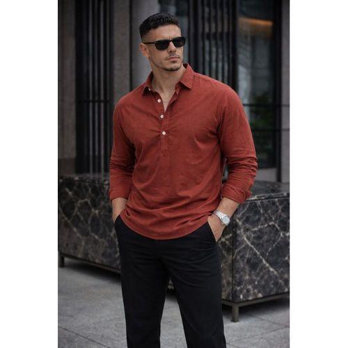 Yarım Pat Yakalı York Pamuk Kumaşlı Uzun Kollu Erkek Gömlek - Koyu Kahve